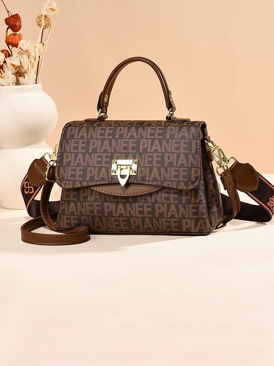 

Angeline Typography Printed Structured Satchel Bag, Brown