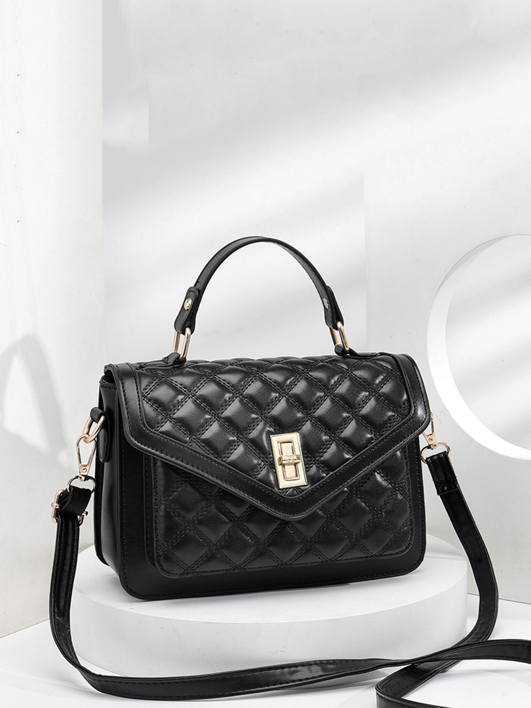 Angeline Checked Handheld Bag With Quilted, Black