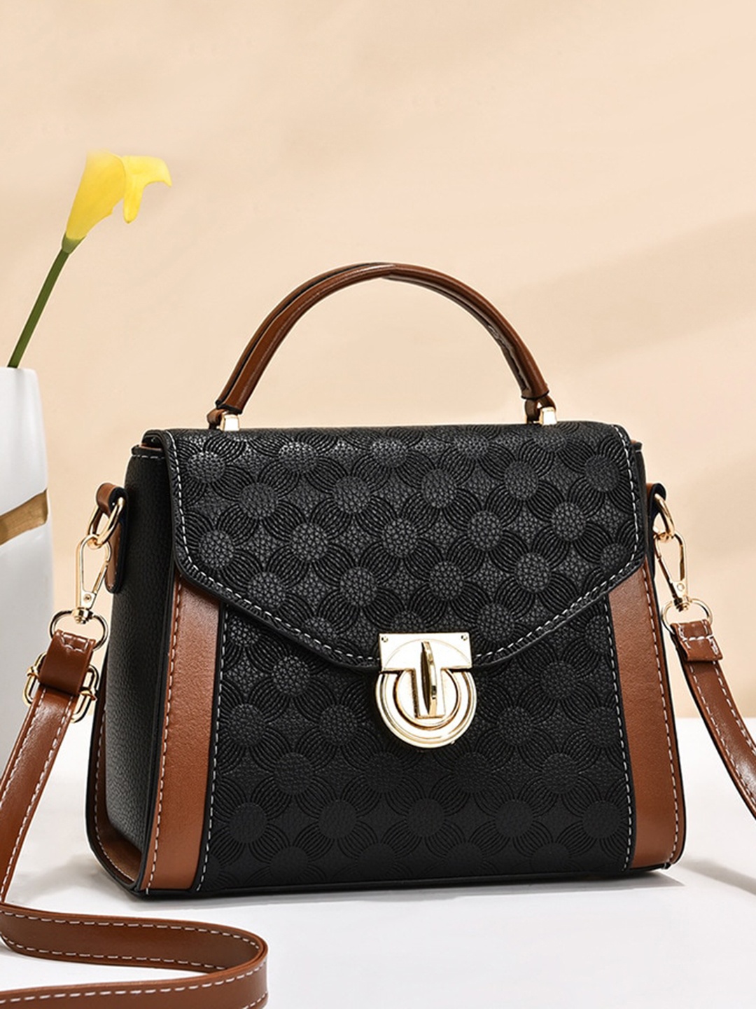 

Angeline Textured Structured Satchel Bag, Black