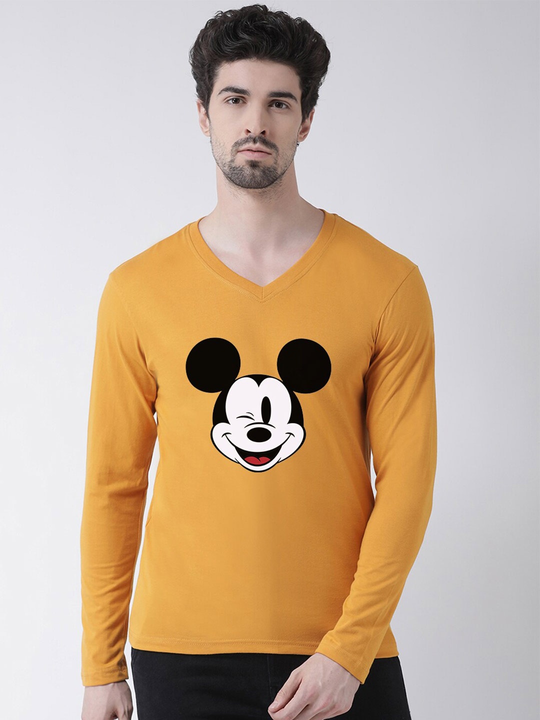 

Friskers Mickey Mouse Printed V-Neck Pure Cotton Slim Fit T-shirt, Mustard