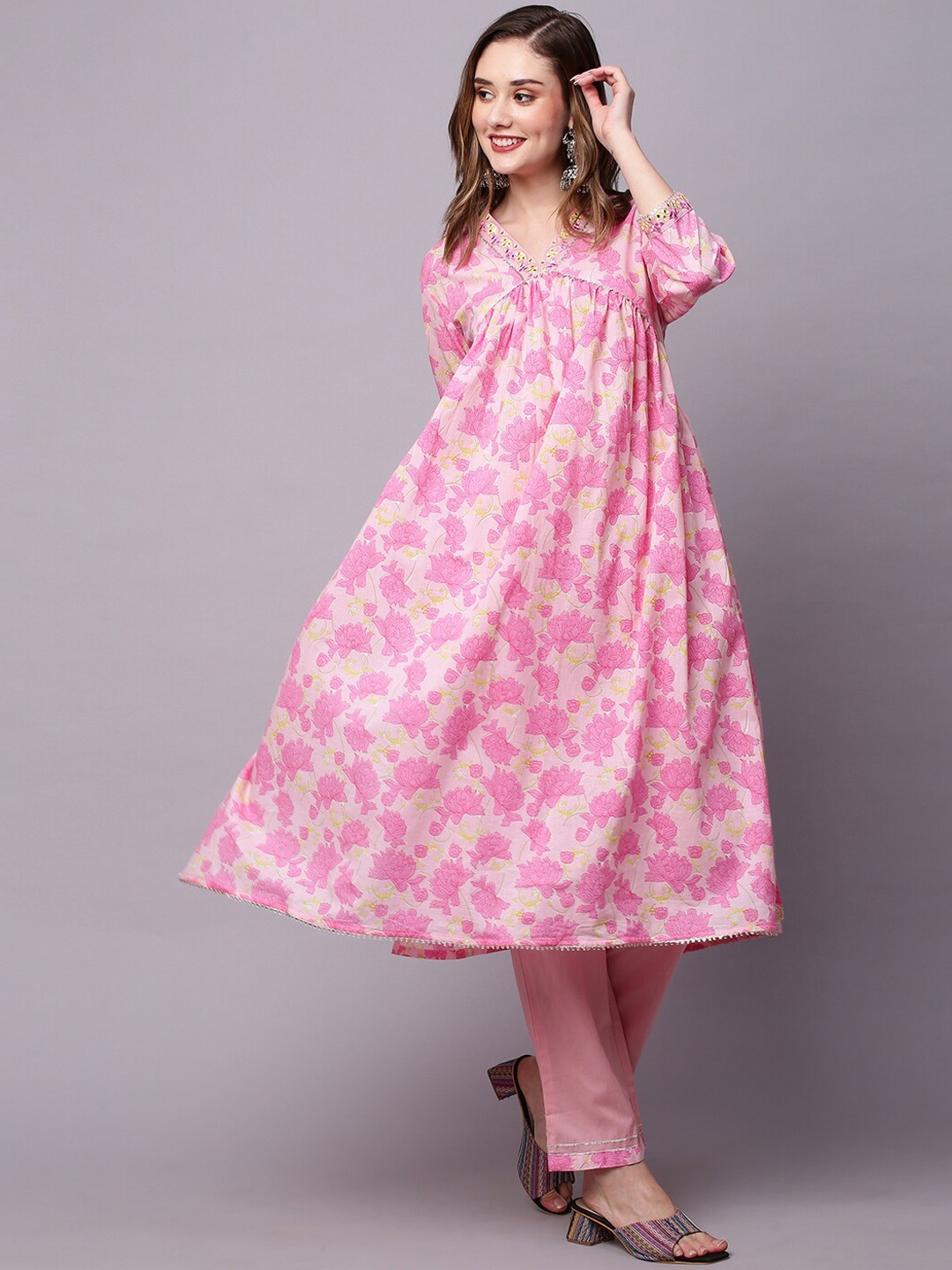 

KALINI Floral Printed Empire Gotta Patti Pure Cotton Kurta With Trousers, Pink