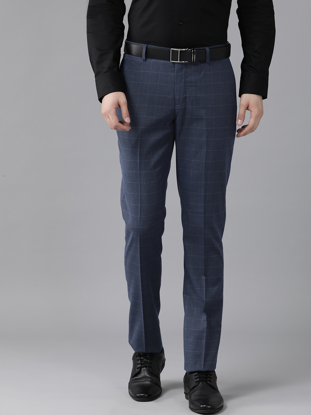 

Blackberrys Men Checked Slim Fit Formal Trousers, Navy blue
