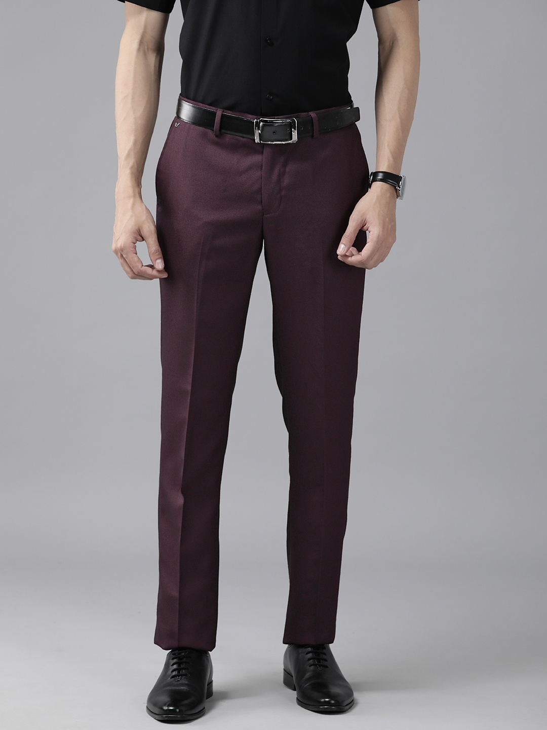 

Blackberrys Men Self Design Skinny Fit Low-Rise Formal Trousers, Maroon