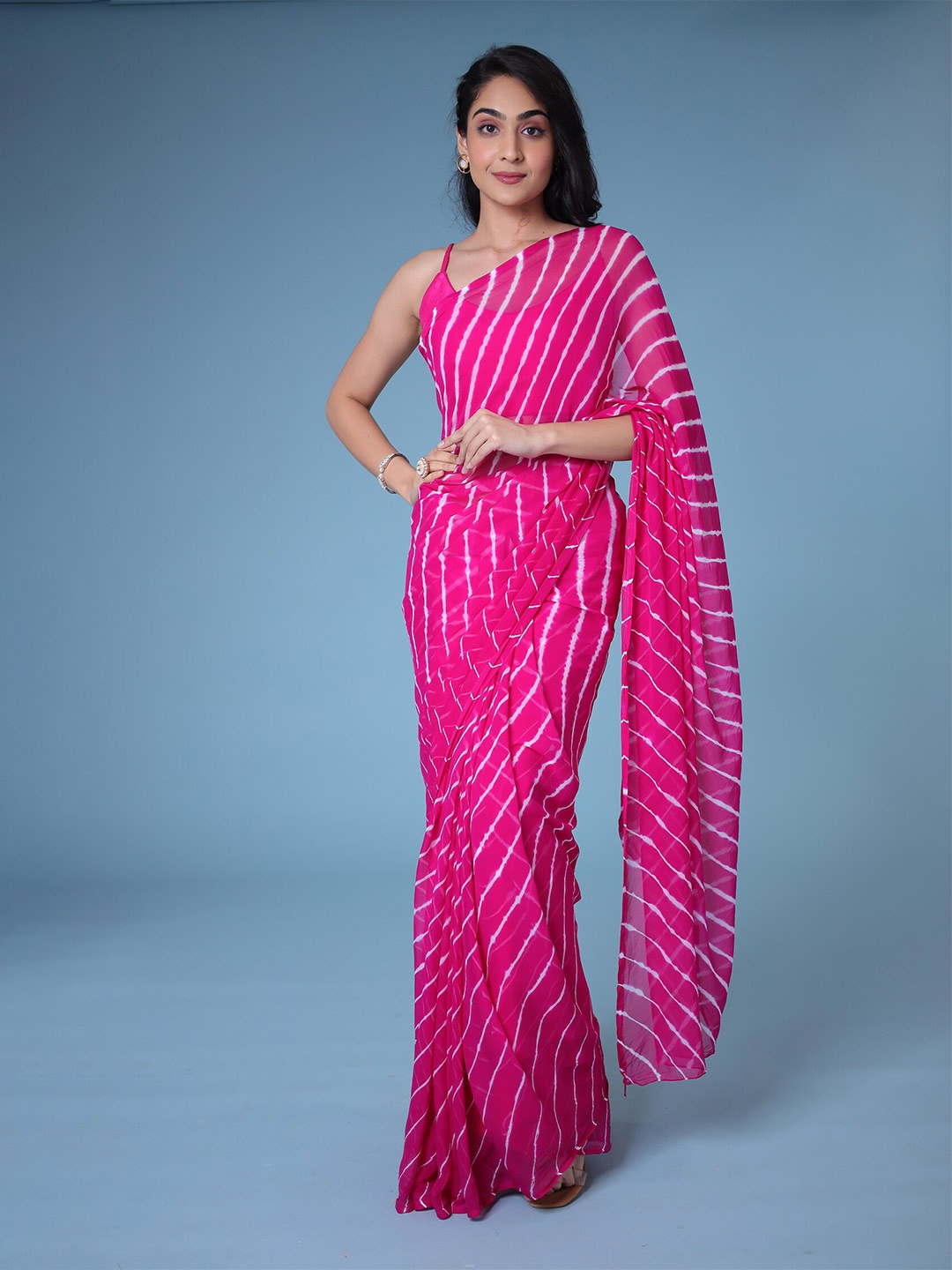 

ZARI Striped Leheriya Pure Chiffon Leheriya Saree, Pink