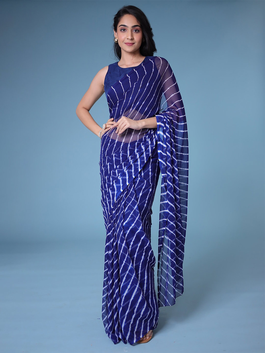 

ZARI Leheriya Pure Chiffon Leheriya Saree, Blue