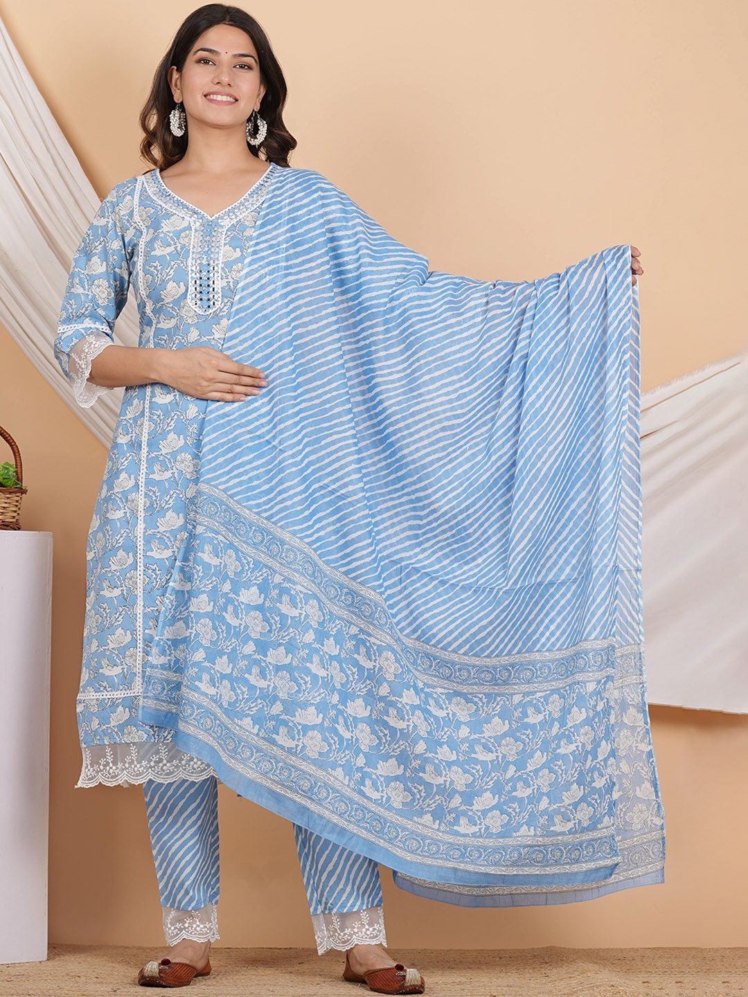 

ZOYOTO Floral Printed Regular Mirror Work Pure Cotton Kurta With Trousers & Dupatta, Blue