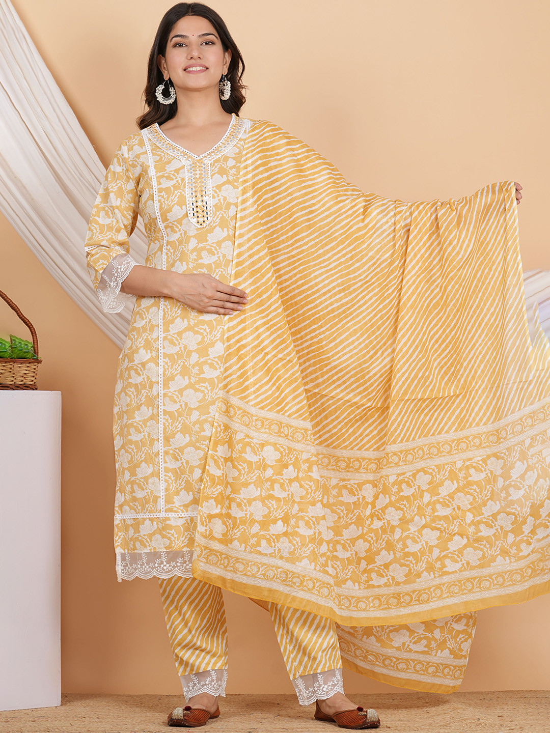 

ZOYOTO Floral Printed Regular Mirror Work Pure Cotton Kurta With Trousers & Dupatta, Yellow