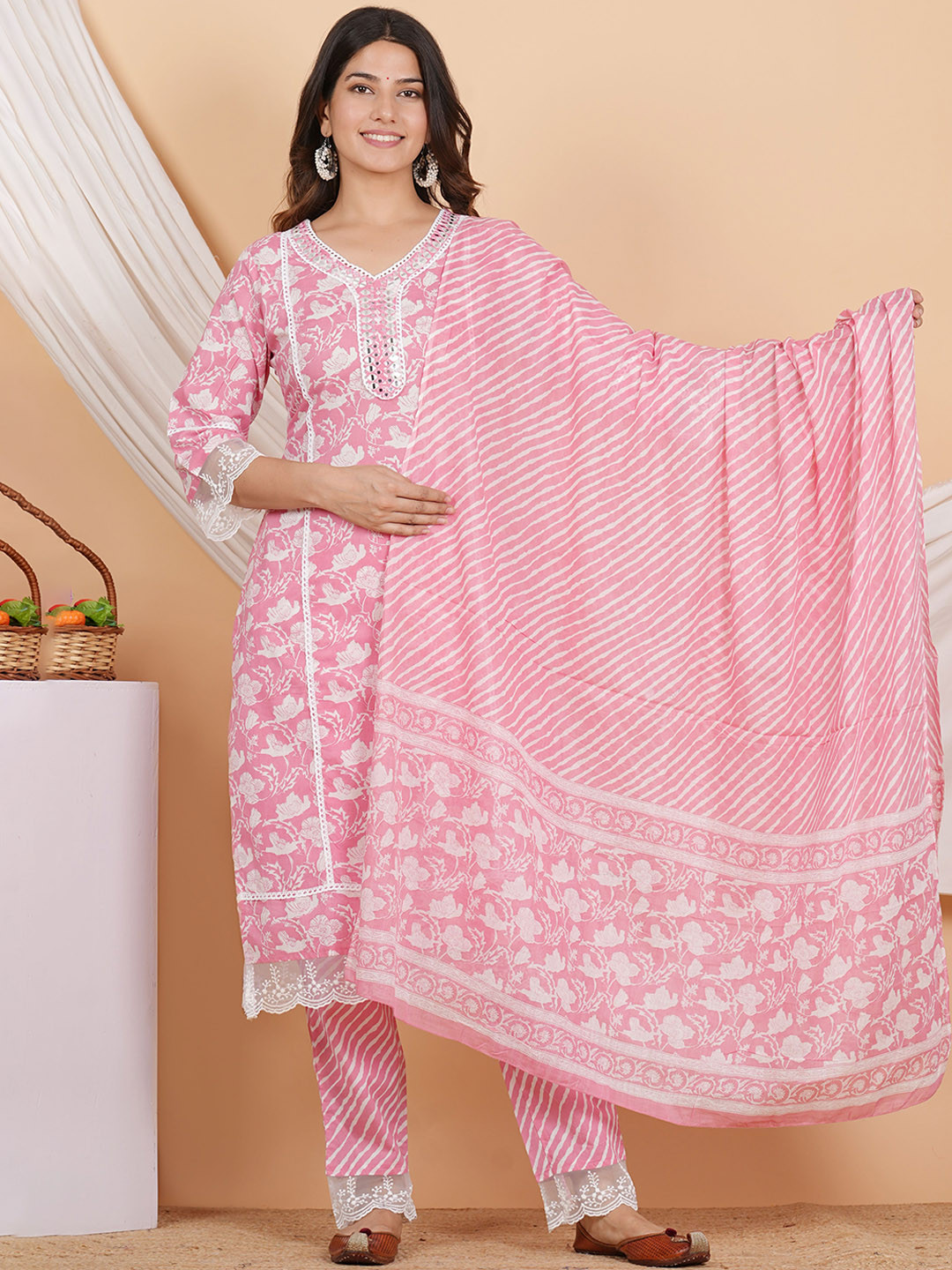 

ZOYOTO Floral Printed Regular Mirror Work Pure Cotton Kurta With Trousers & Dupatta, Pink