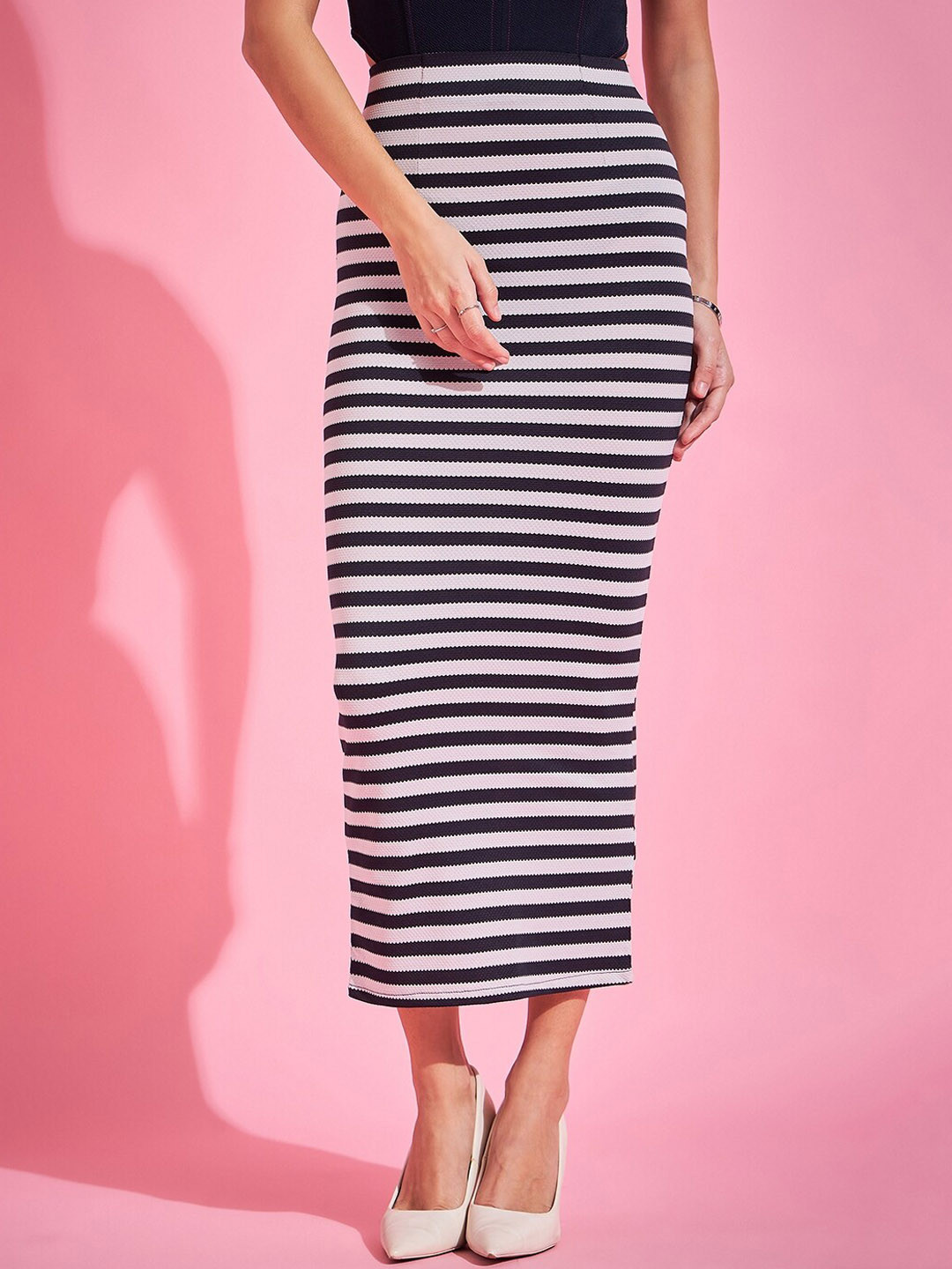 

Purple Feather Striped High Slit Midi-Length Pencil Skirt, Black