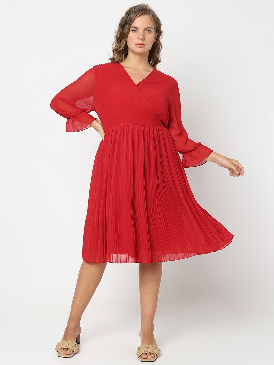 

VERO MODA CURVE Gathered V-Neck Bell Sleeves Wrap Dress, Red