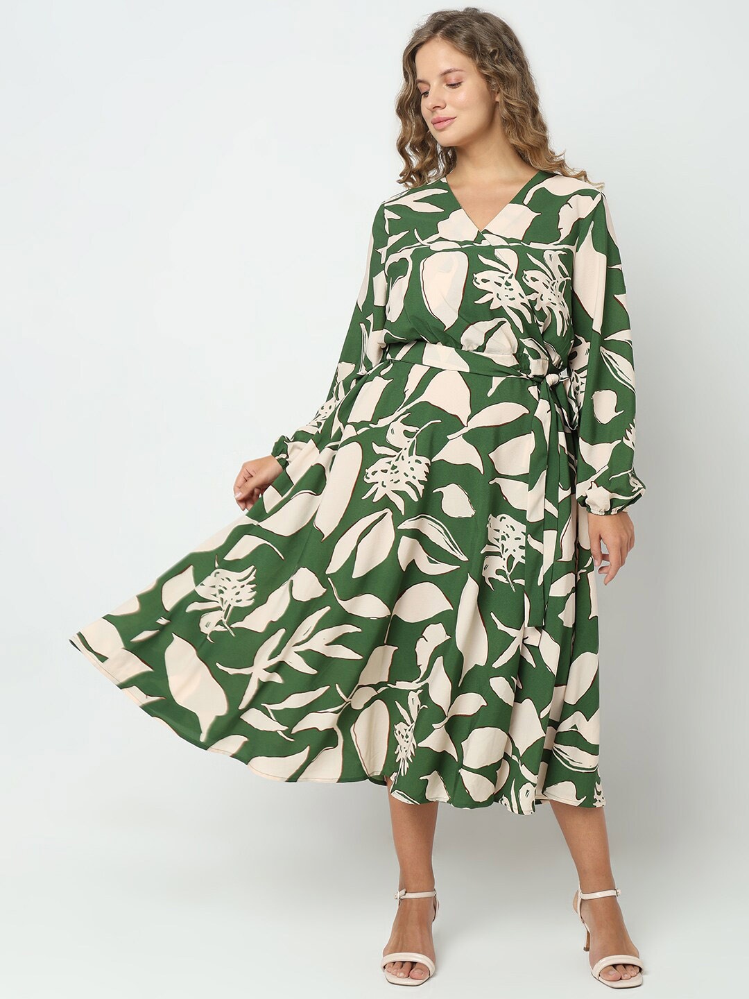 

VERO MODA CURVE Floral Printed V-Neck Belted Wrap Midi Dress, Green