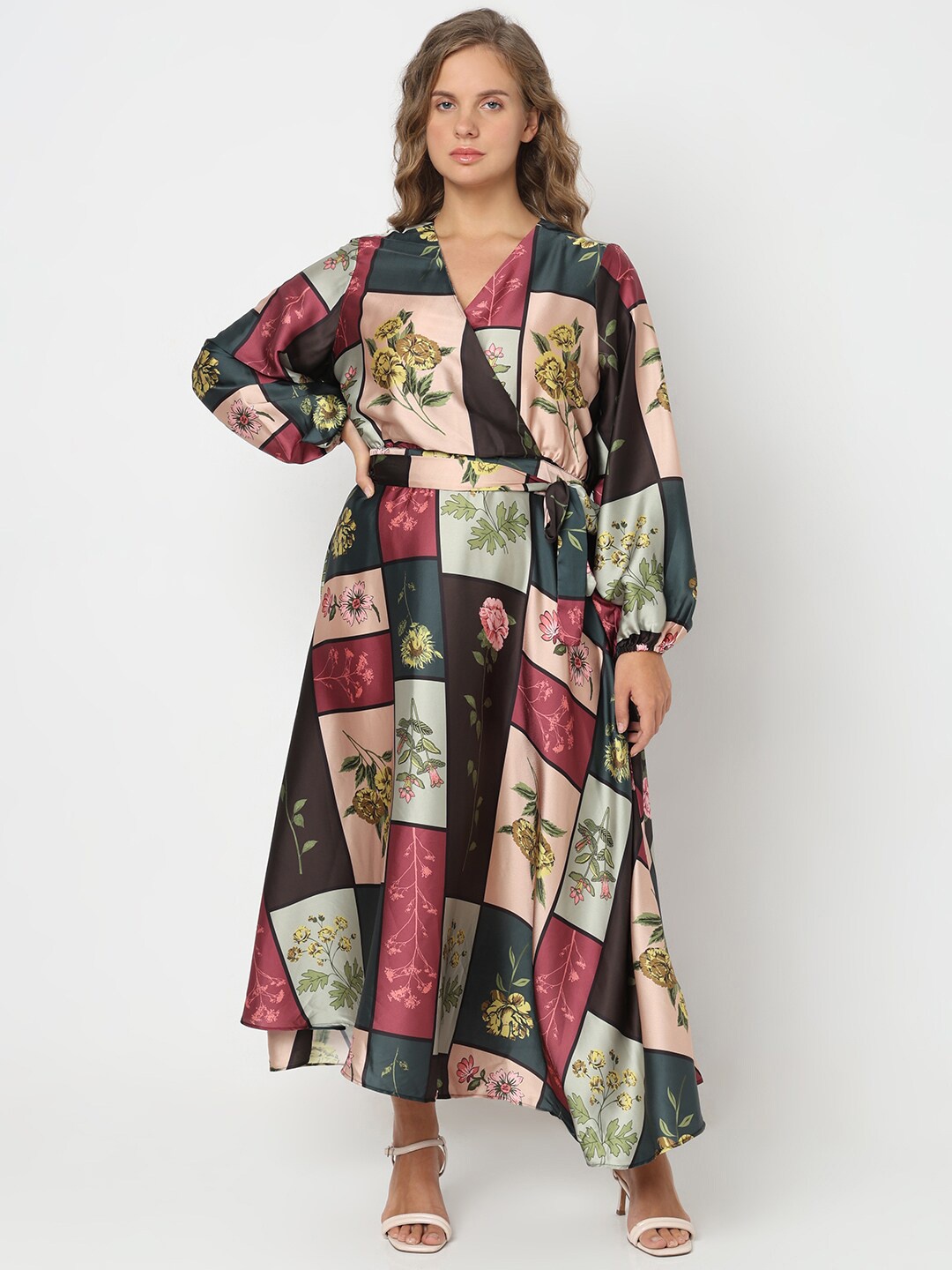

VERO MODA CURVE Floral Printed V-Neck Belted Wrap Dress, Green