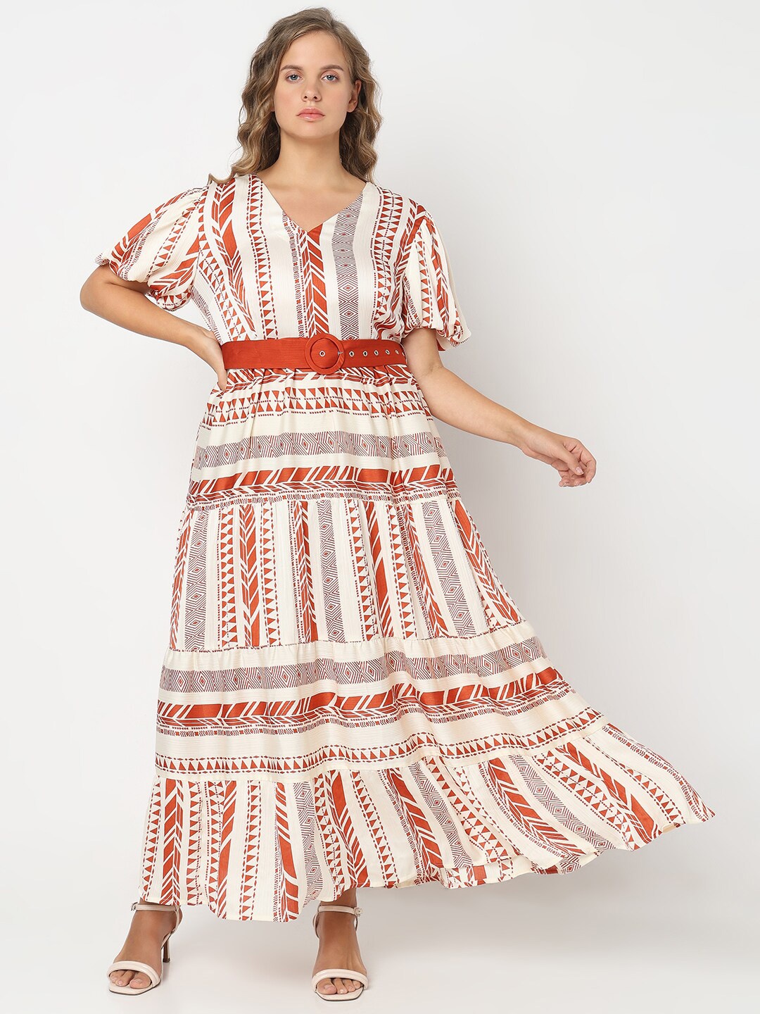 

VERO MODA CURVE Geometric Printed Puff Sleeves Belted Maxi Dress, Orange