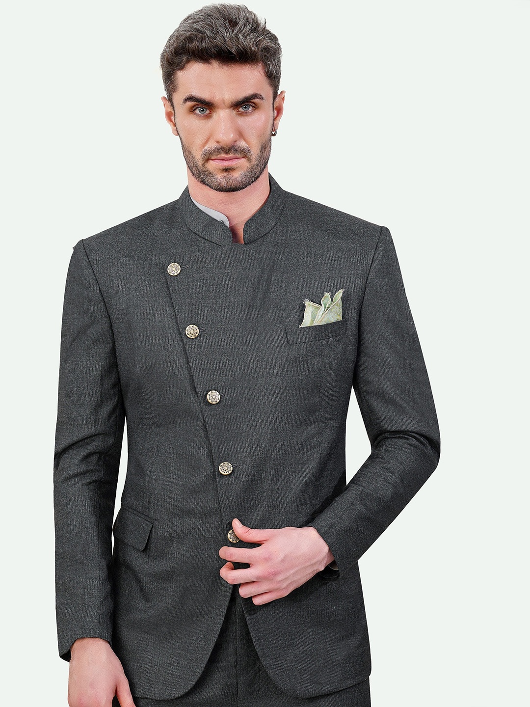 

FRENCH CROWN Slim-Fit Mandarin Collar Bandhgala Formal Blazer, Grey