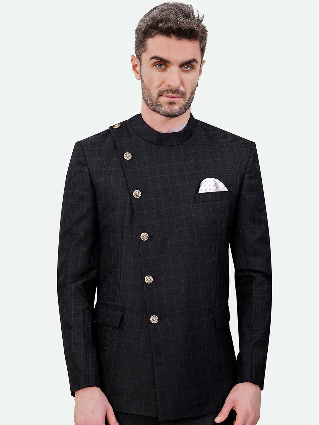 

FRENCH CROWN Checked Bandhgala Blazer, Black