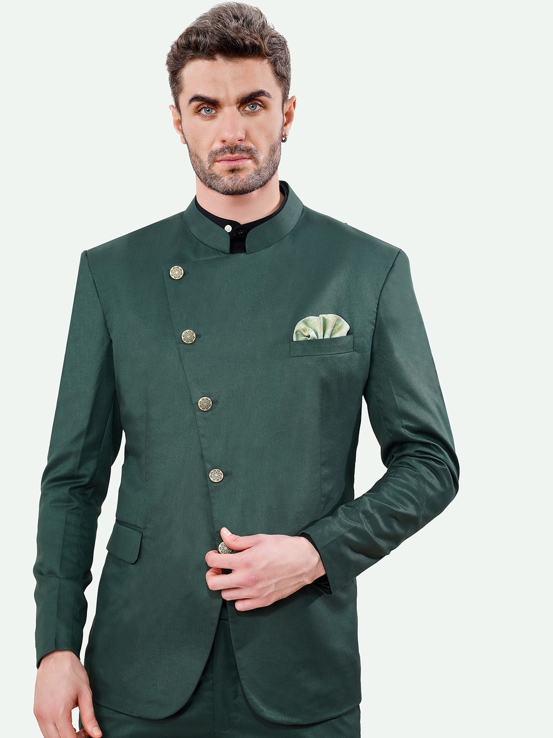 

FRENCH CROWN Wool Rich Bandhgala Blazer, Green