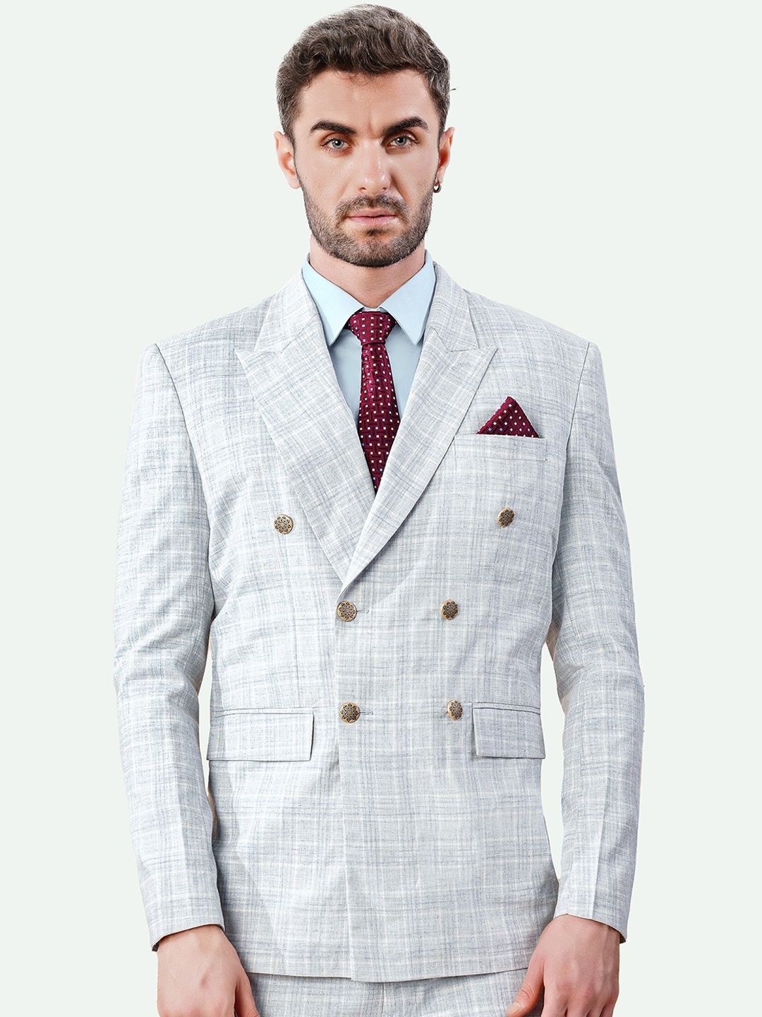 

FRENCH CROWN Checked Slim-Fit Double Breasted Formal Blazer, Grey