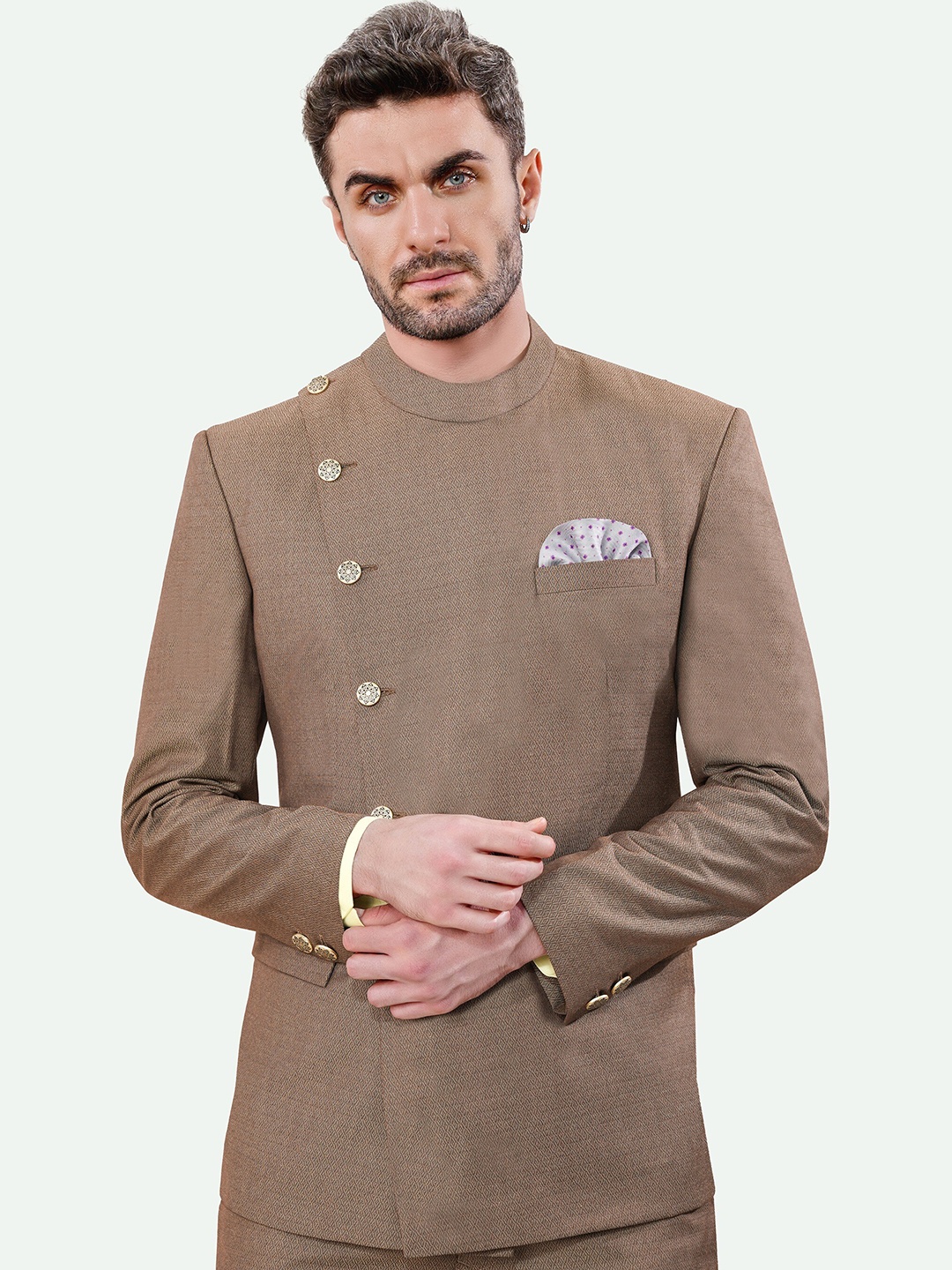 

FRENCH CROWN Mandarin Collar Bandhgala Blazer, Brown