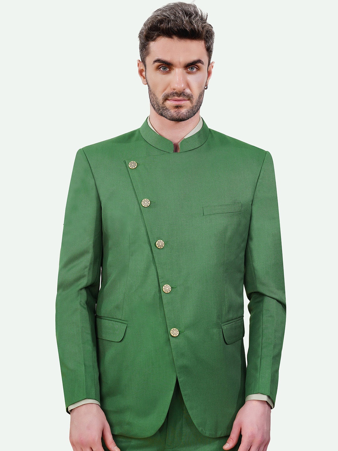 

FRENCH CROWN Men Mandarin Collar Slim-Fit Bandhgala Blazer, Green