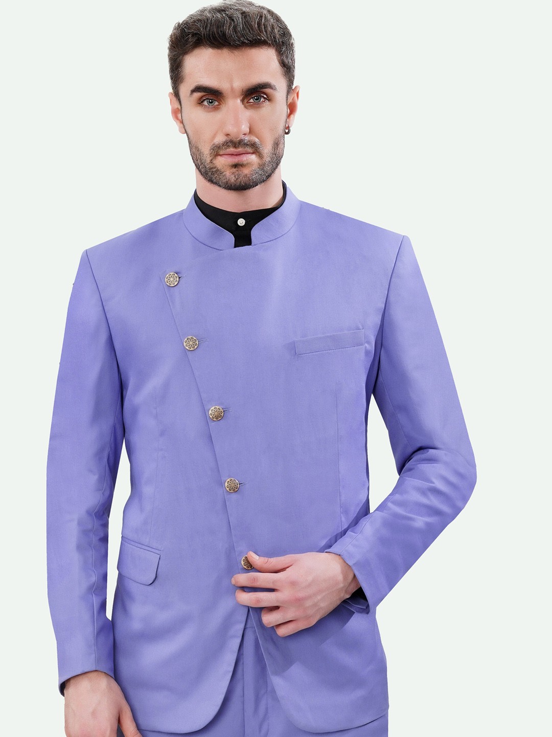 

FRENCH CROWN Mandarin Collar Premium Cotton Bandhgala Blazer, Purple