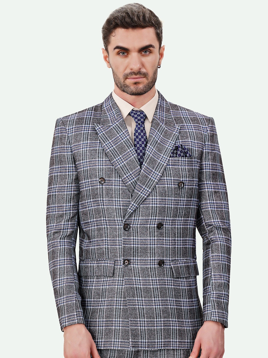

FRENCH CROWN Checked Slim -Fit Double Breasted Blazer, Grey