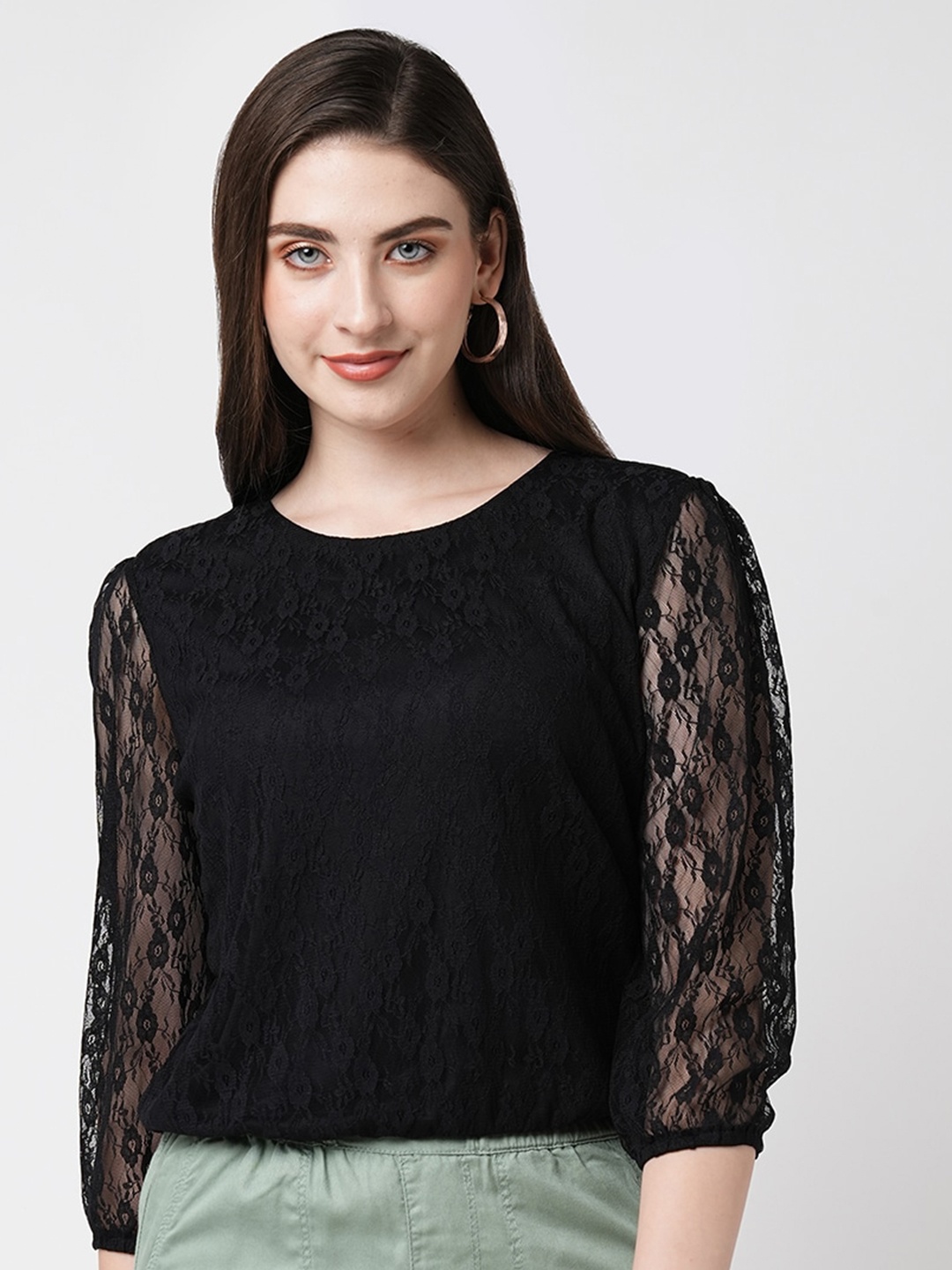 

Kraus Jeans Self Design Puff Sleeves Lace Top, Black
