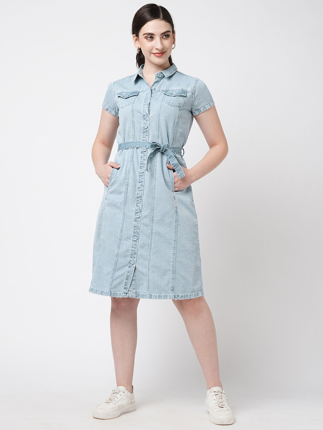

Kraus Jeans Tie-Up Pure Cotton Denim Shirt Dress, Blue