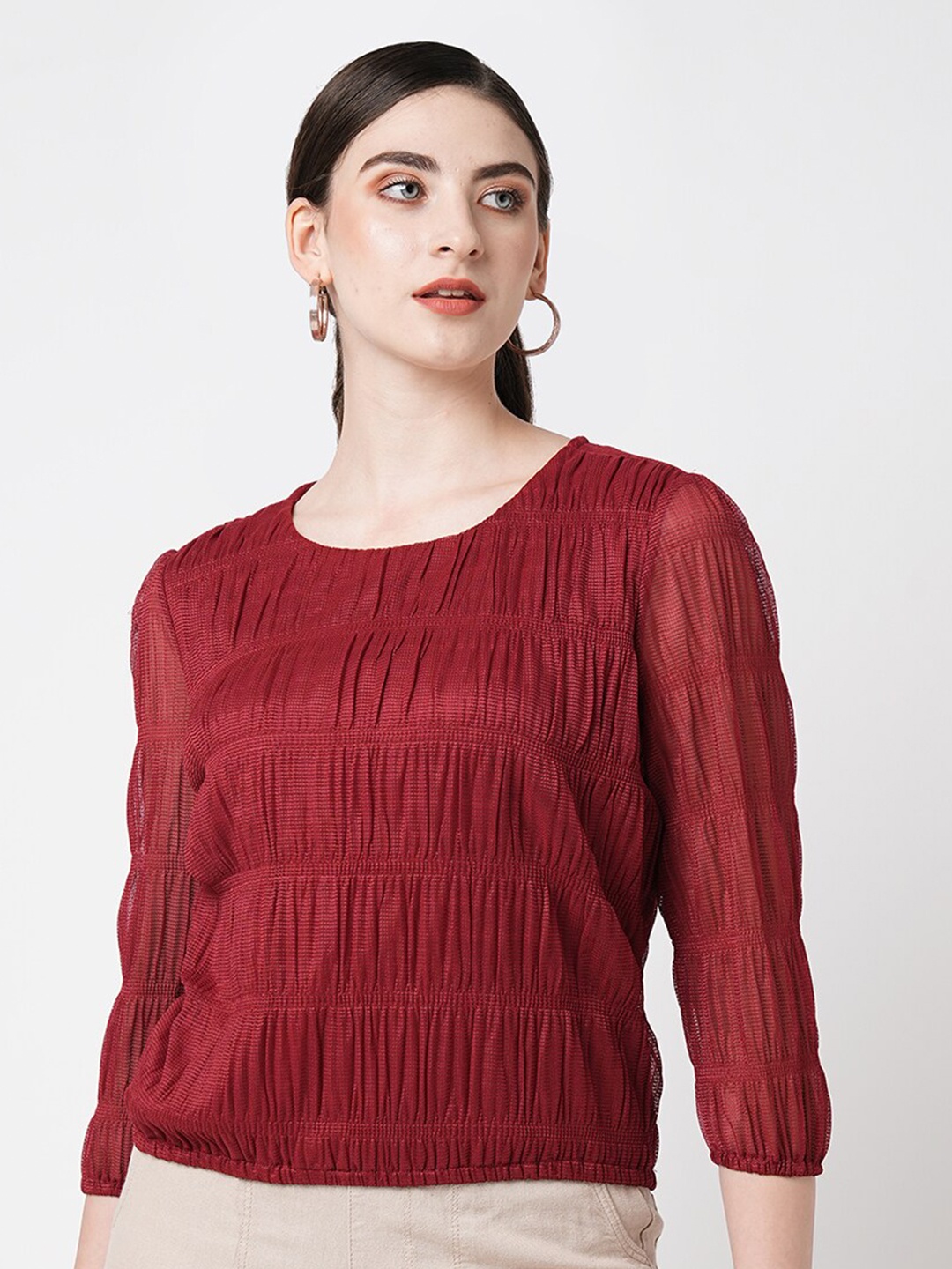 

Kraus Jeans Puff Sleeve Ruched Regular Top, Maroon