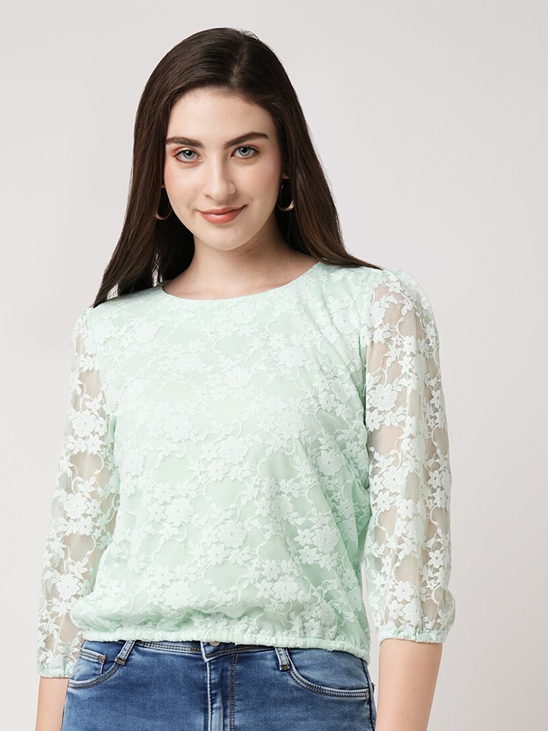 

Kraus Jeans Self Design Puff sleeves Lace Top, Green