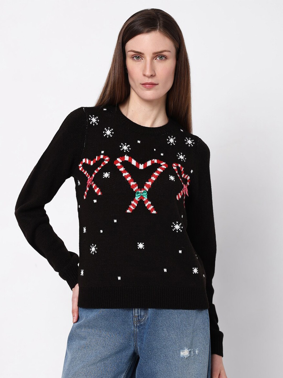 

Vero Moda Graphic Self Design Pullover Sweater, Black