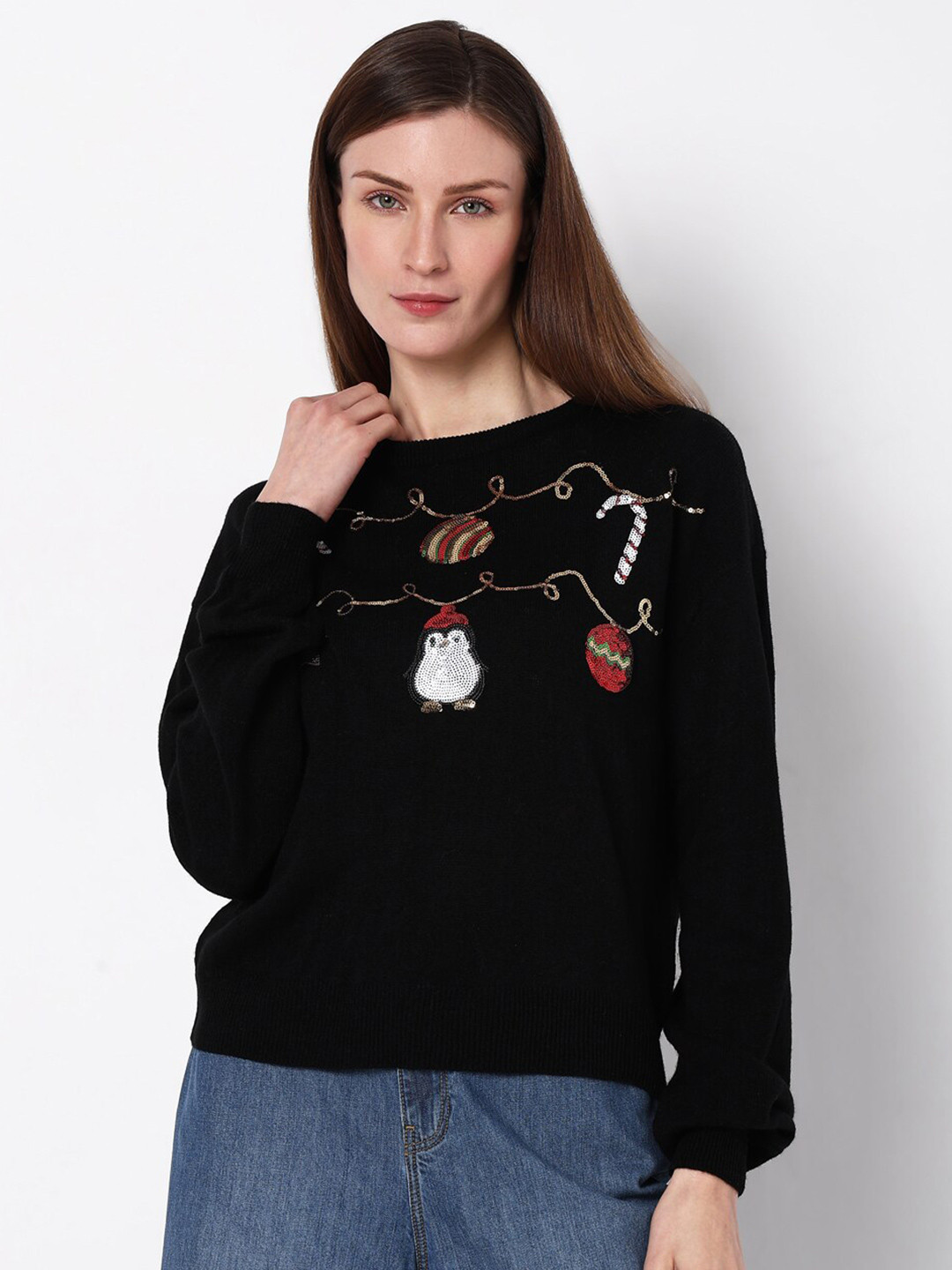 

Vero Moda Embroidered Round Neck Long Sleeve Embellished Acrylic Sweaters, Black