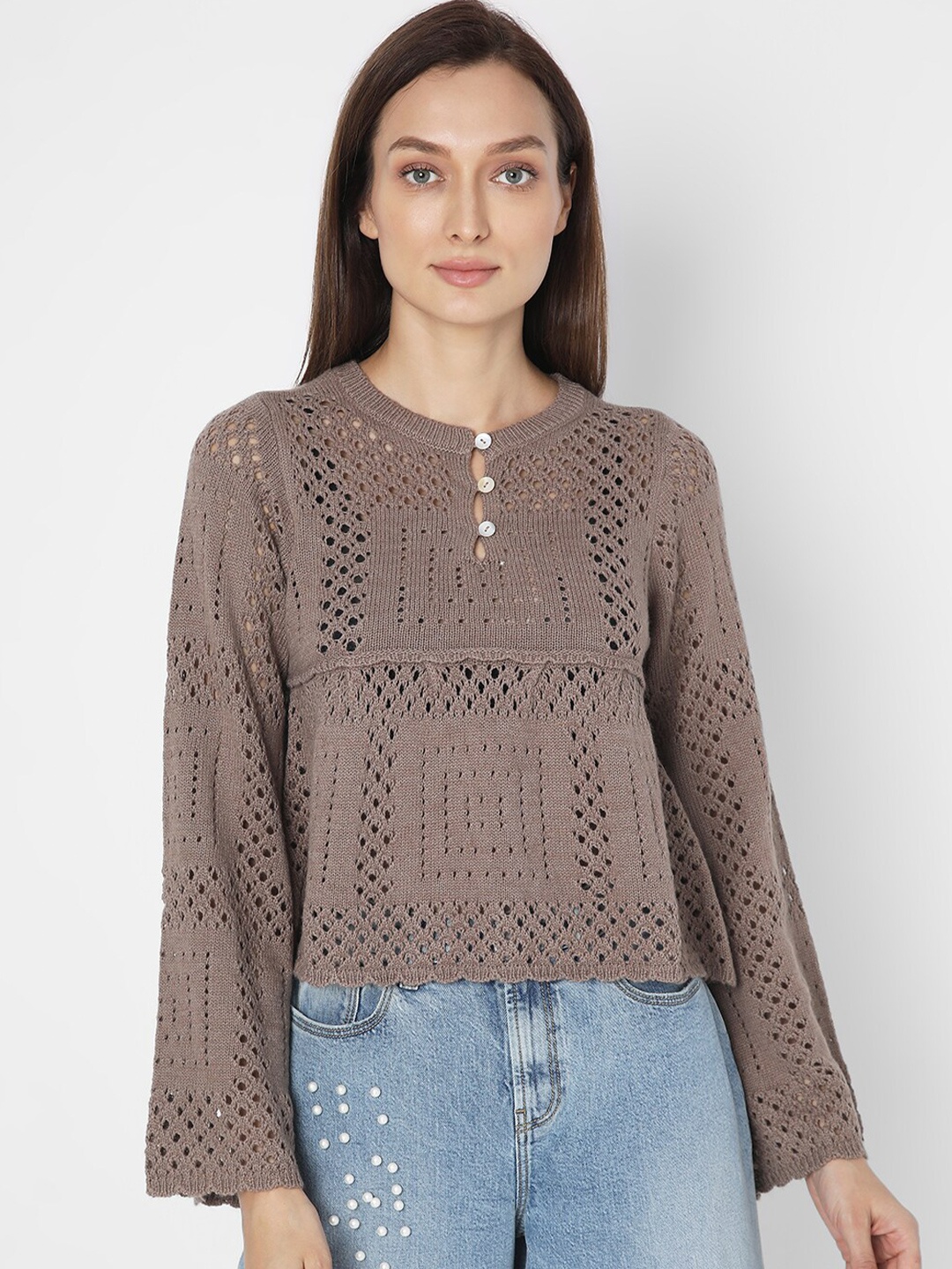 

Vero Moda Self Design Round Neck Long Sleeve Top, Brown