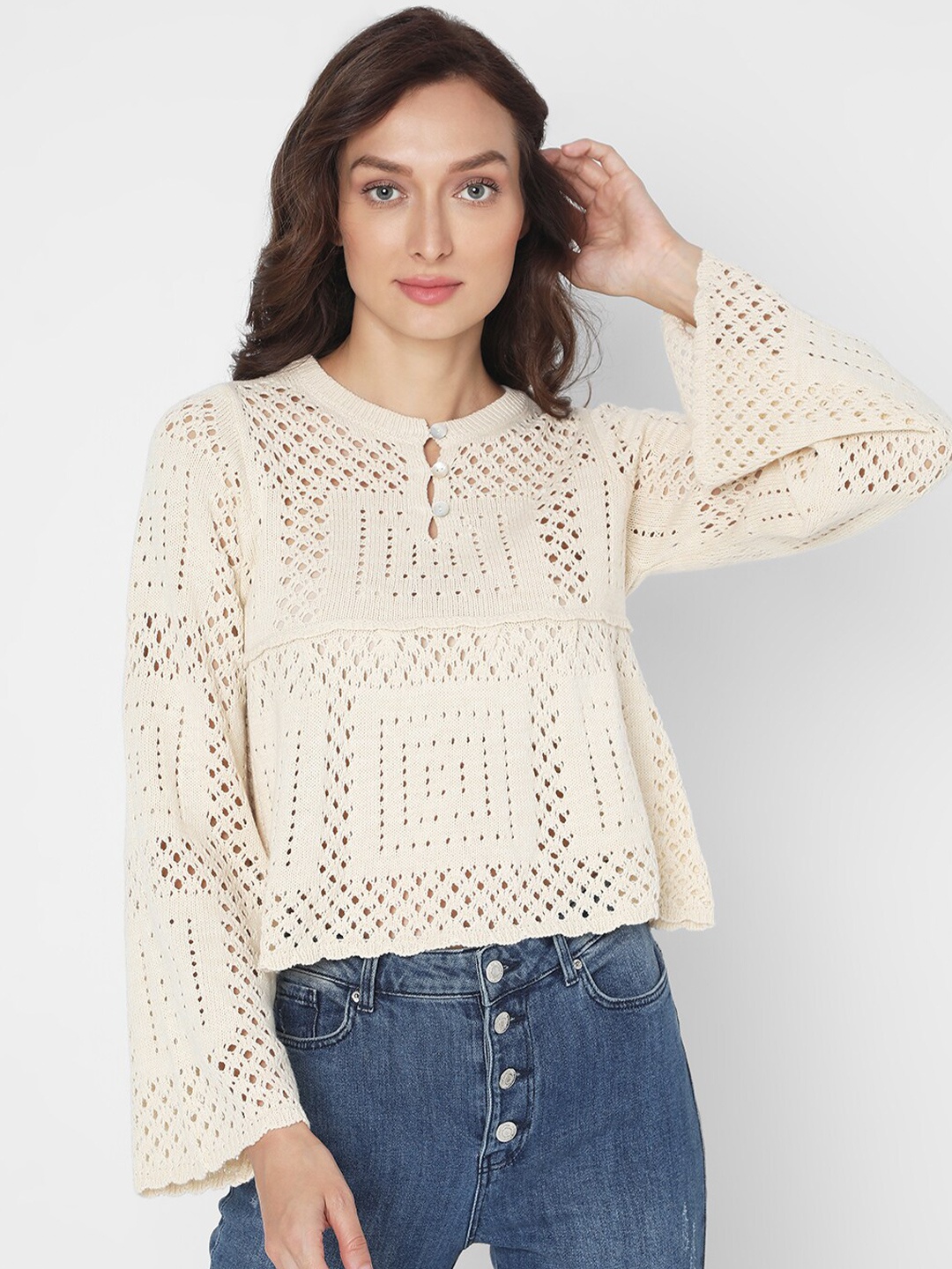 

Vero Moda Self Design Round Neck Long Sleeve Top, Beige