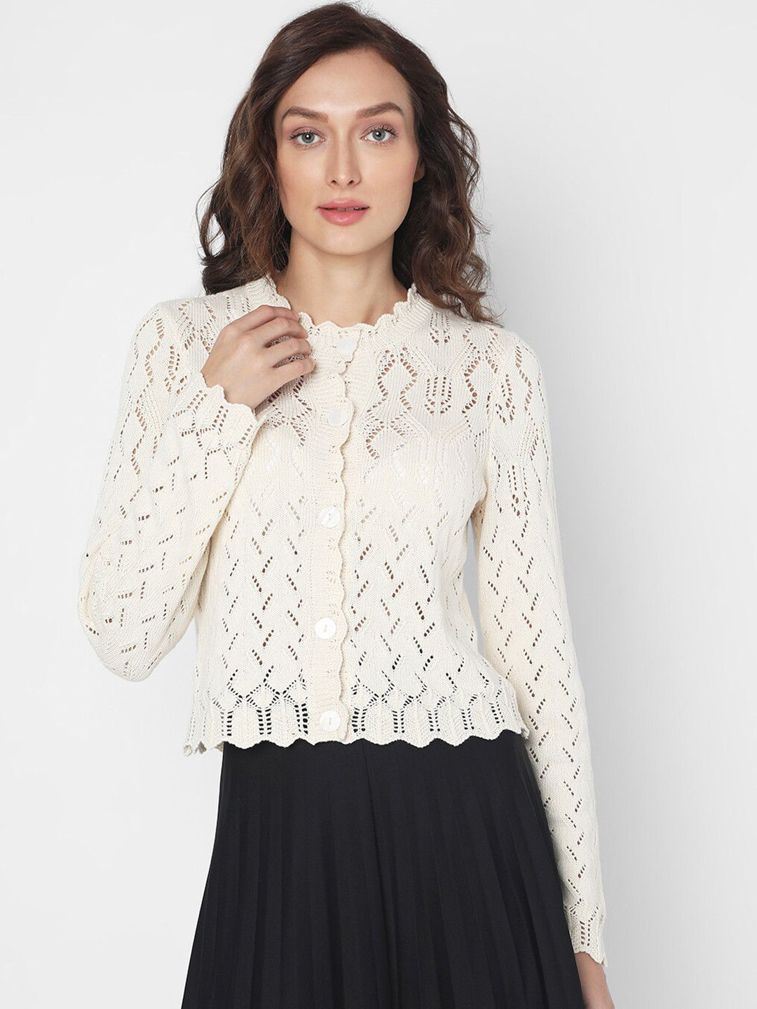 

Vero Moda Self Design Open Knit Round Neck Long Sleeve Cotton Cardigan Sweaters, Beige