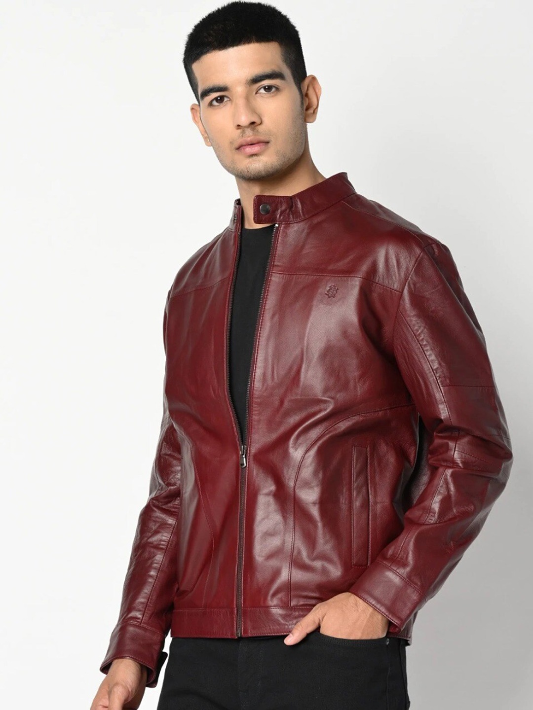 

Tortoise Leather Lightweight Biker Jacket, Maroon