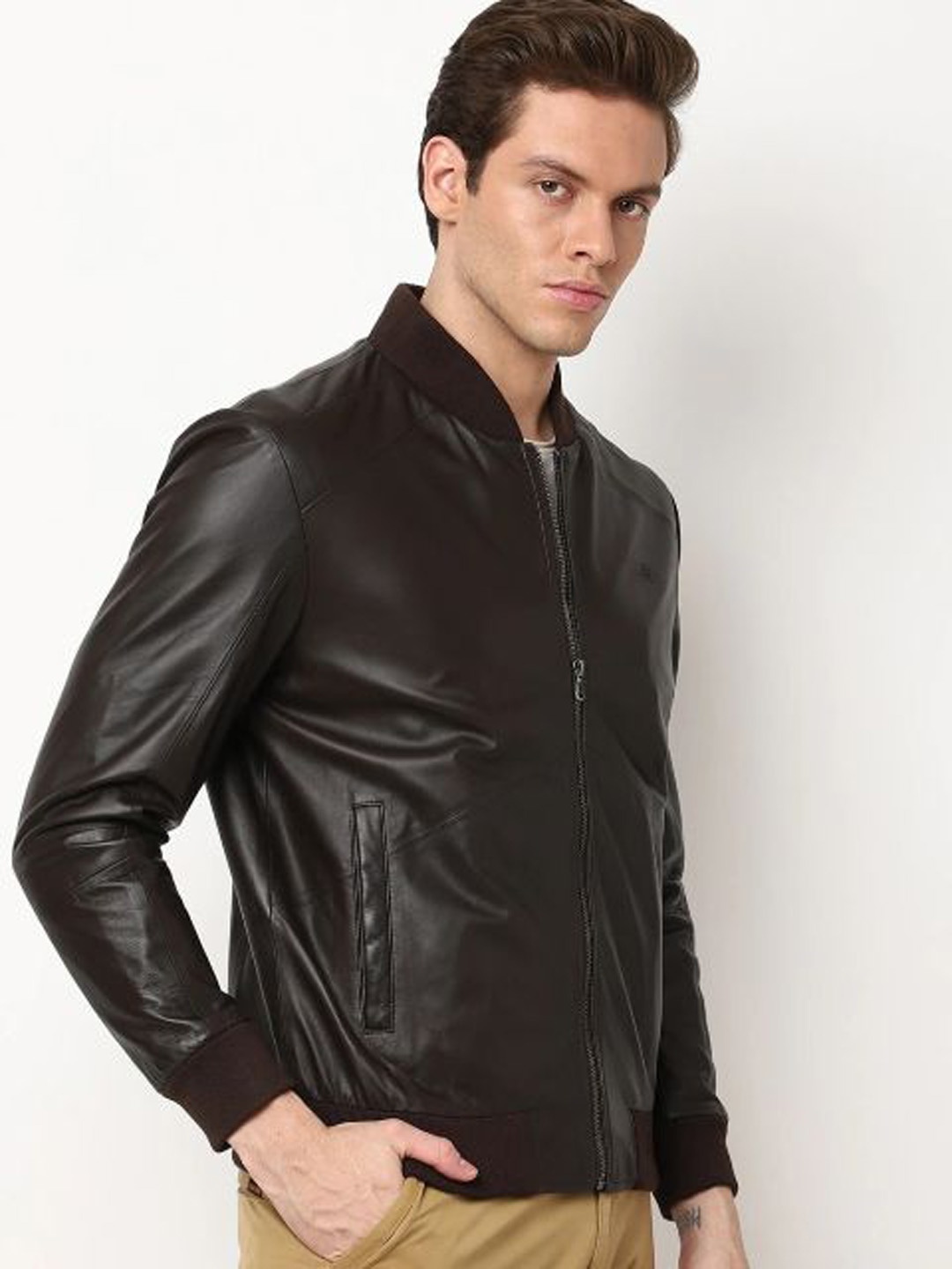 

Tortoise Leather Lightweight Bomber Jacket, Brown