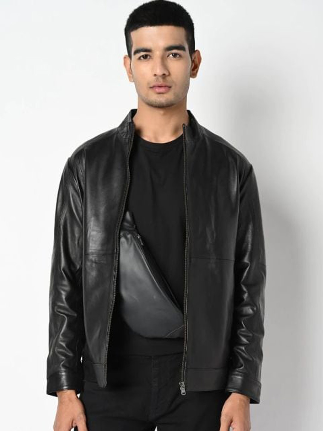 

Tortoise Stand Collar Leather Lightweight Biker Jacket, Black