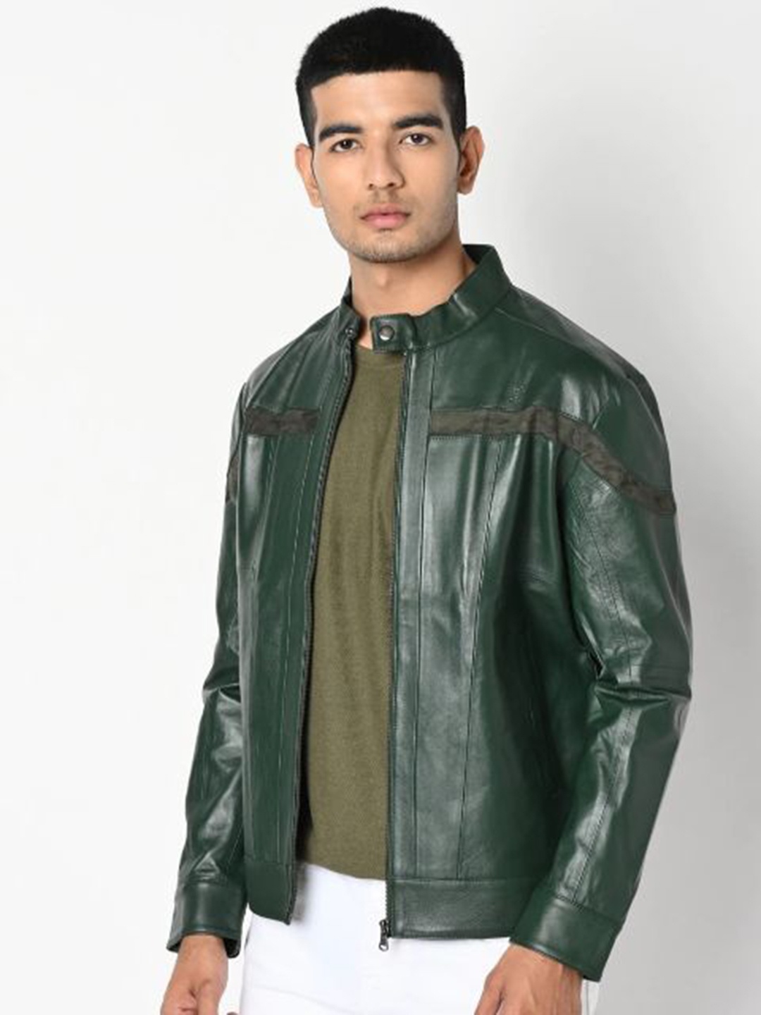 

Tortoise Men Green Colourblocked Leather Lightweight Longline Biker Jacket