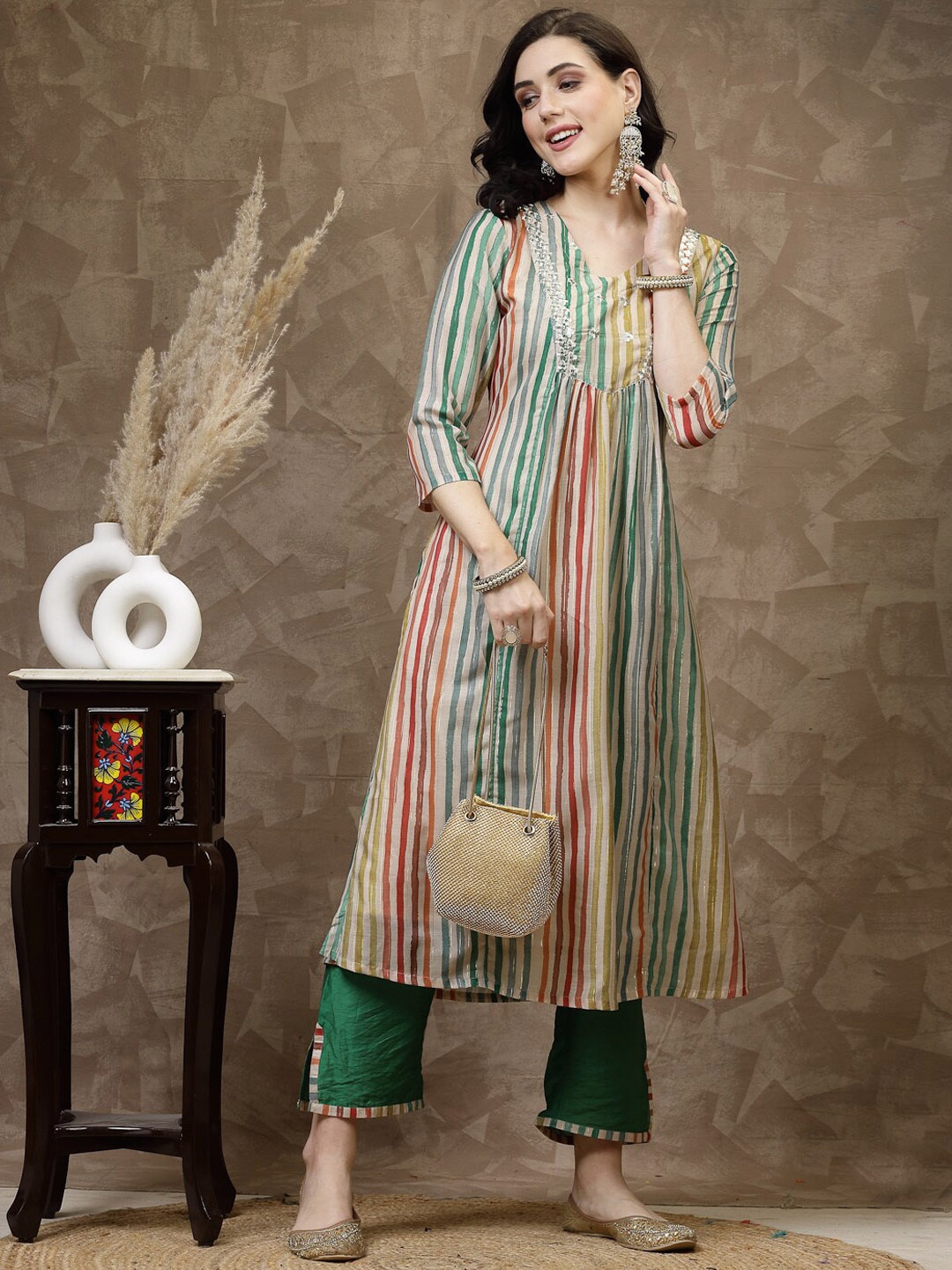 

HERE&NOW Green Striped Thread Work Chanderi Silk Pleated A-Line Kurta With Trouser