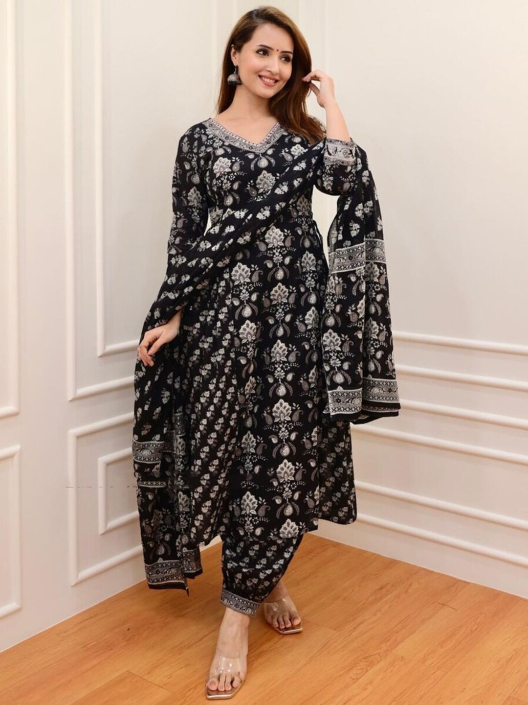 

KALINI Floral Printed Pure Cotton Kurta & Patiala With Dupatta, Black