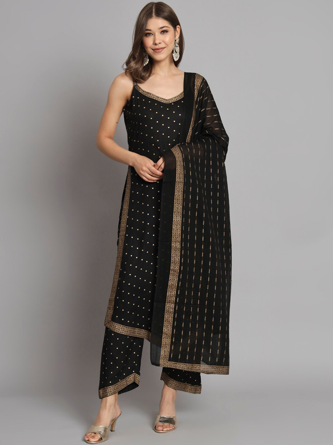

KALINI Geometric Printed Sleeveless Regular Kurta With Trousers & Dupatta, Black
