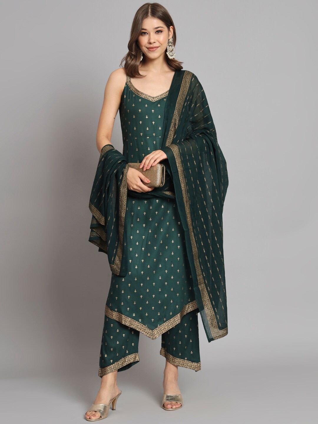 

KALINI Ethnic Motifs Printed High Slit Straight Kurta & Trousers With Dupatta, Green
