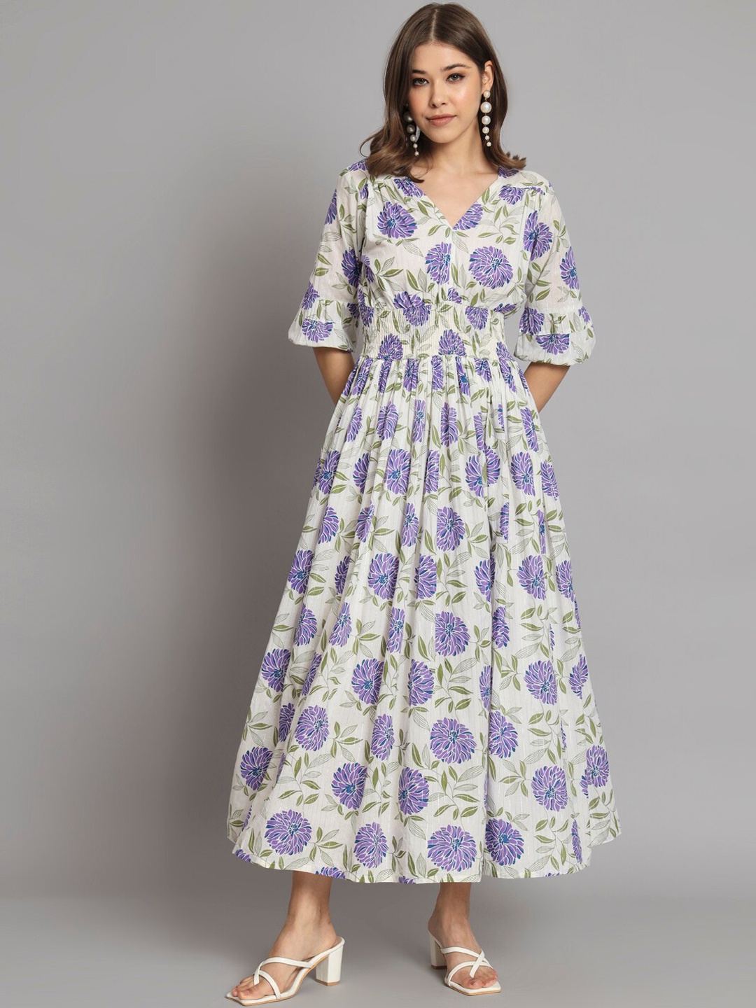 

KALINI Floral Printed Pure Cotton Fit & Flare Dress, White