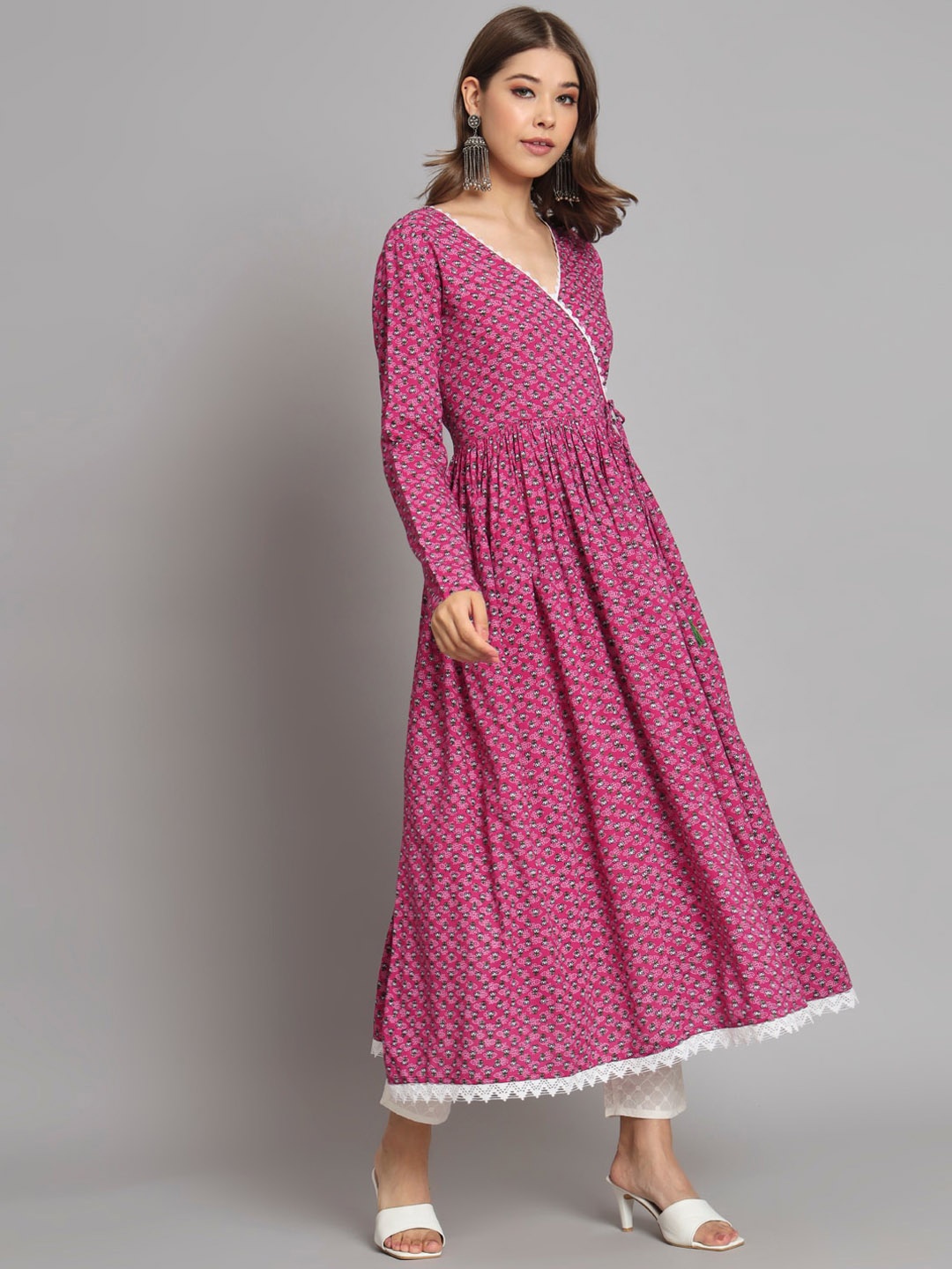 

KALINI Floral Printed Pleated Angrakha Kurta with Trousers, Pink