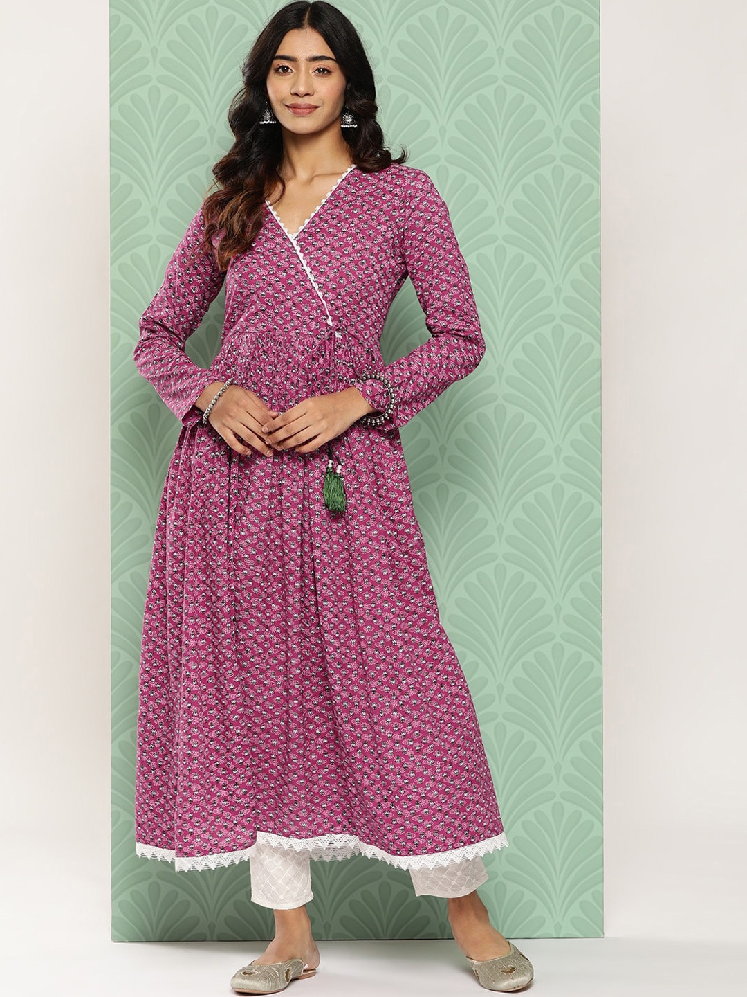 

KALINI Floral Printed Angrakha Zardozi Kurta with Trousers, Pink