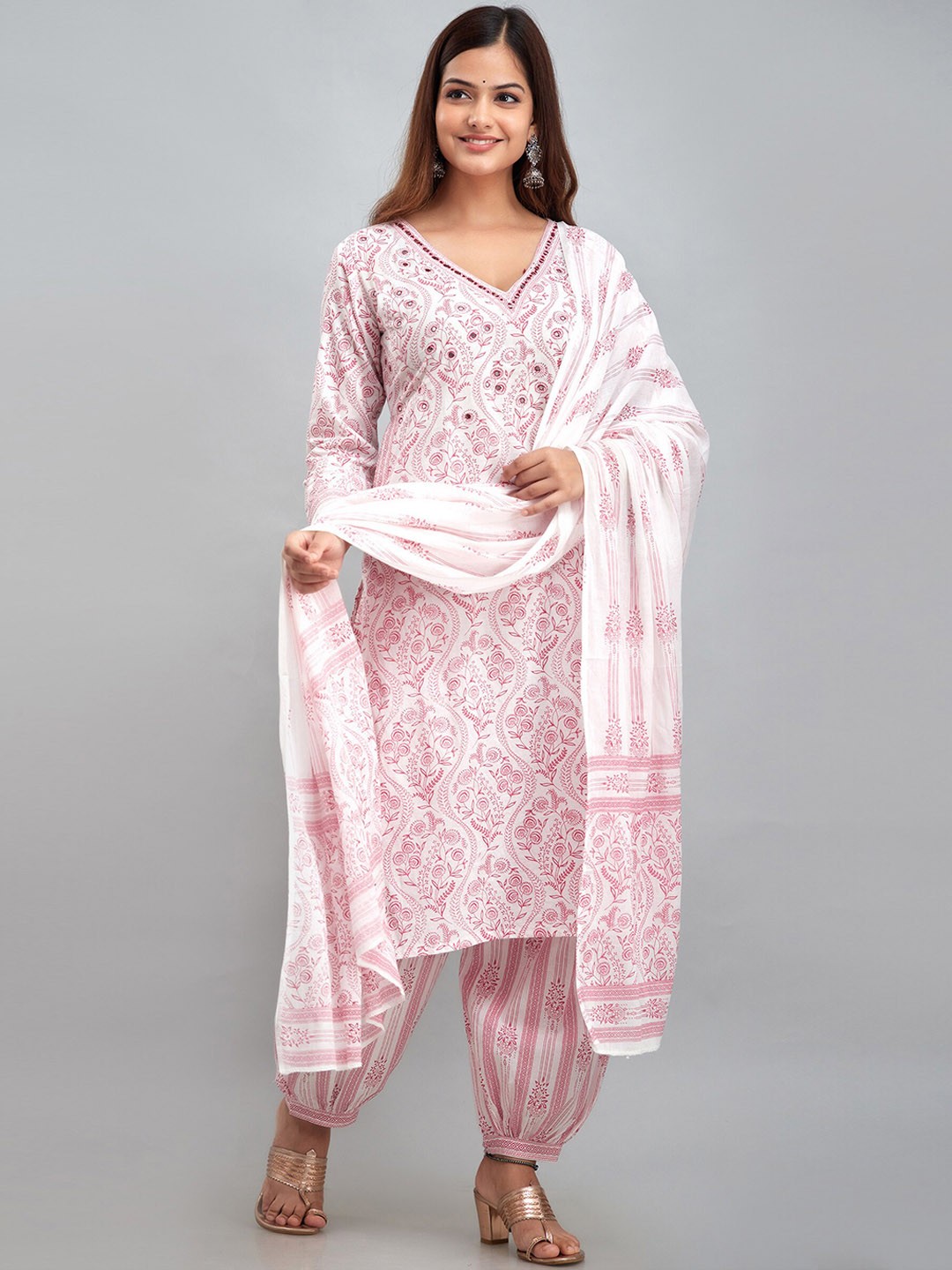 

KALINI Floral Printed Mirror Work Kurta With Salwar & Dupatta, White