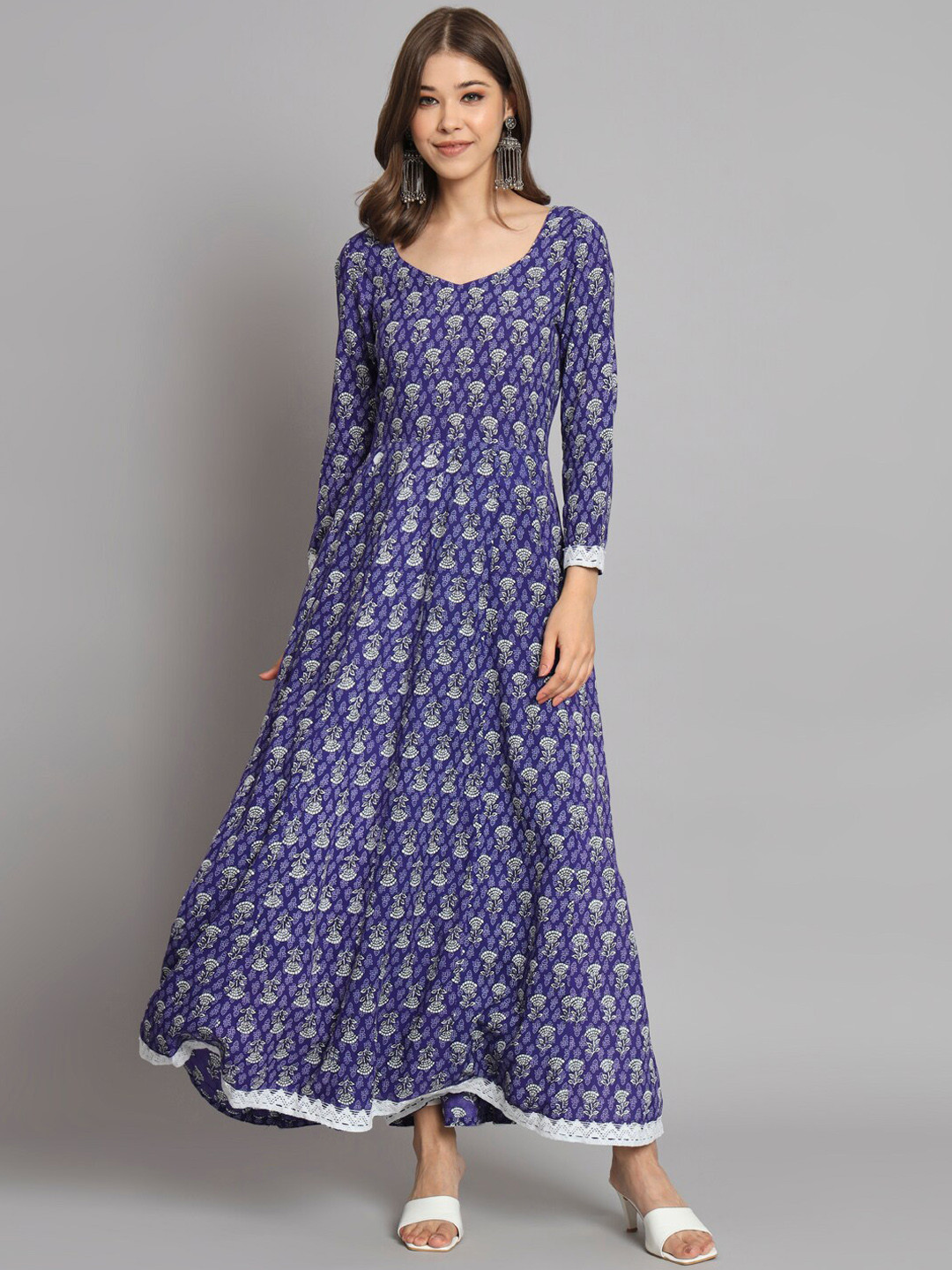 

KALINI Floral Motifs Printed Pure Cotton Anarkali Kurta, Blue
