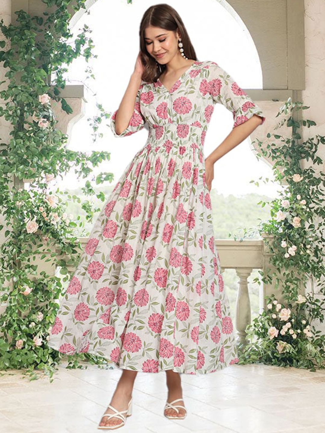 KALINI Floral Printed Smocked Fit & Flare Dress, White