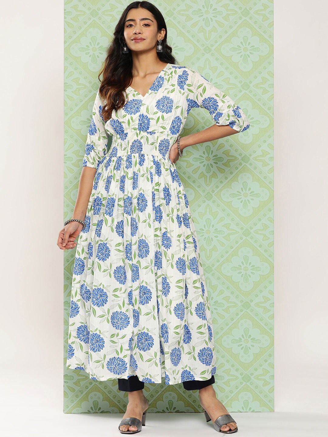 

KALINI Floral Printed Cotton Anarkali Kurta, White