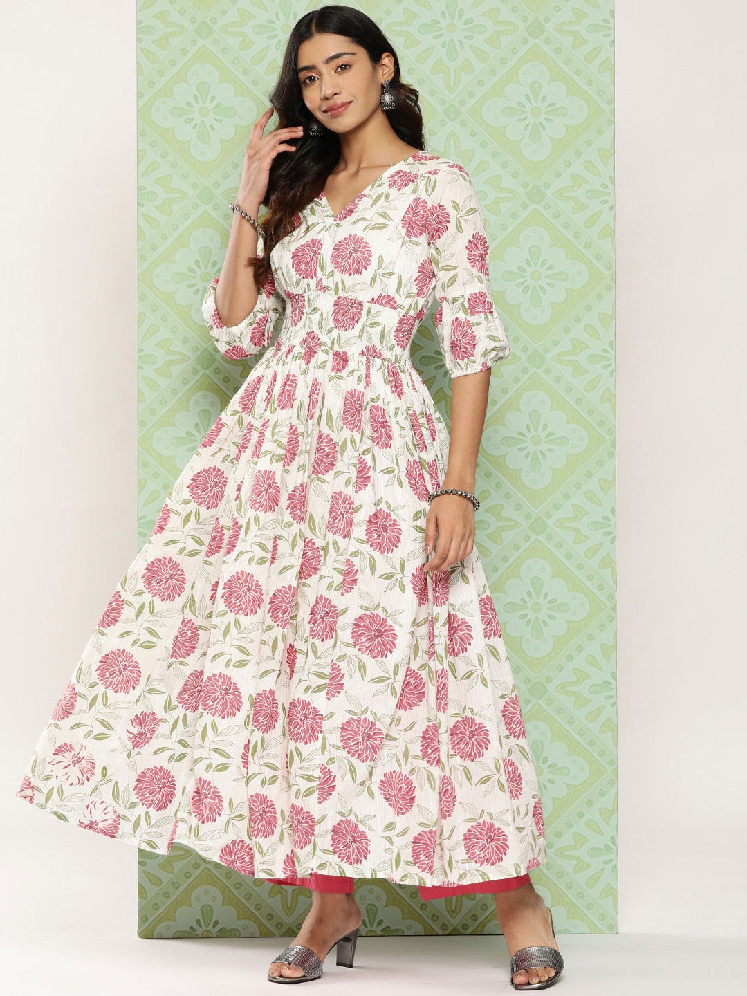 

KALINI Floral Printed Pure Cotton Anarkali Kurta, White